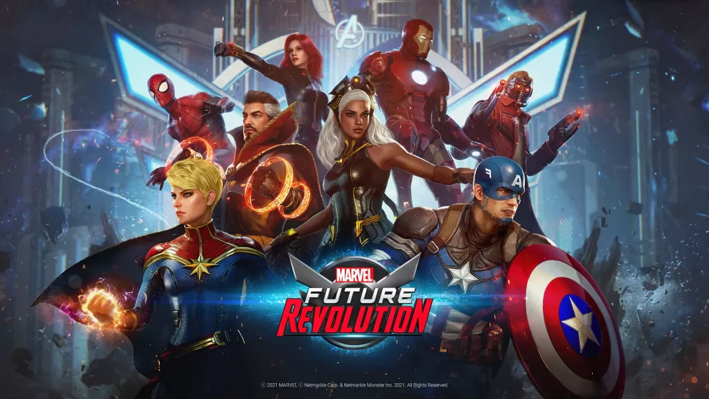Imagem mostra homem-aranha, capitã marvel, doutor estranho, Tempestade, homem de ferro, viúva negra, capitão américa e senhor da galaxia. Também é mostrado o logotipo do jogo Marvel Future Revolution. 
