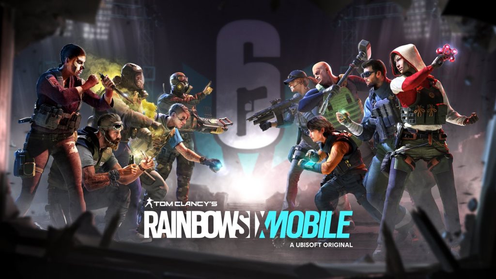 Imagem mostra 10 personagens se encarando e pronto pra batalha. Também é mostrado o logo do jogo Rainbow Six Mobile. 