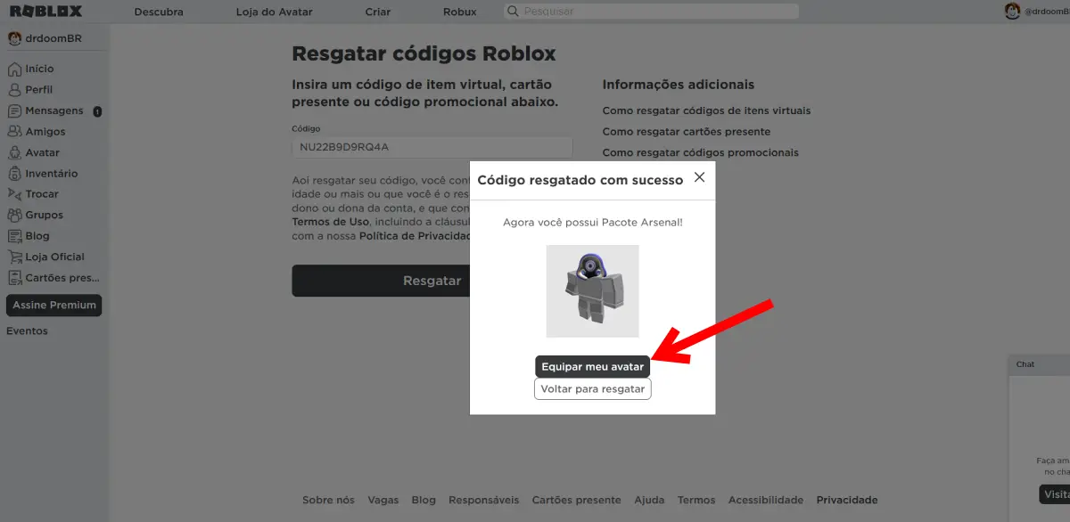 site-do-roblox-como-resgatar-codigos-codigo-resgatado Como resgatar códigos Amazon Prime Gaming no Roblox