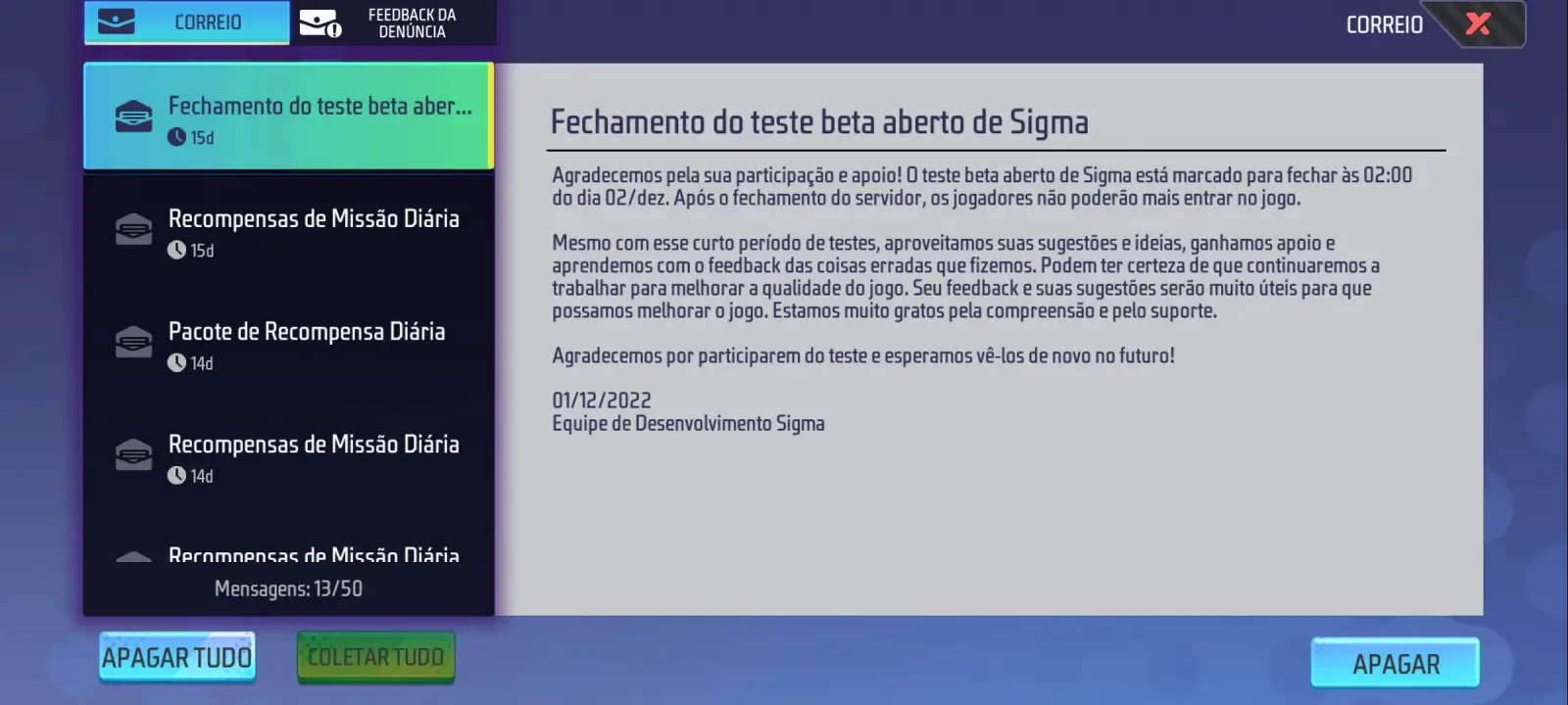 sigma-br-message-devs-closure-beta ¿Fin de Sigma? El juego de copia Free Fire finaliza la prueba beta mañana ( 2 )