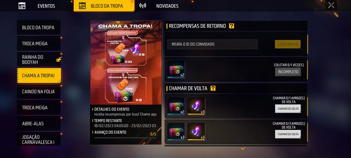 COMO CHAMAR AMIGOS DE VOLTA NO FREE FIRE  COMPLETAR O NOVO EVENTO CHAMA  SUA TROPA GANHE 99 TICKETS 