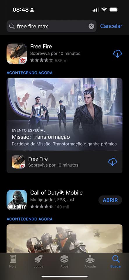 Imagem mostra a App Store e uma busca por Free Fire Max.