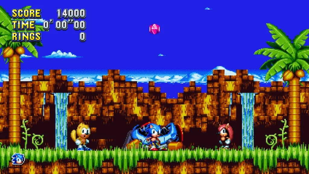 Imagem mostra Sonic, Tails e Knuckles, personagens do jogo Sonic Mania Plus.