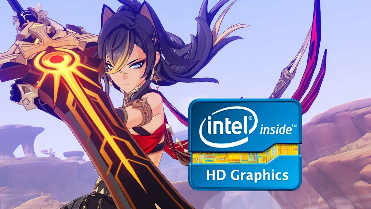 Imagem mostra personagem de Genshin Impact ao lado do logo Intel Inside HD Graphics