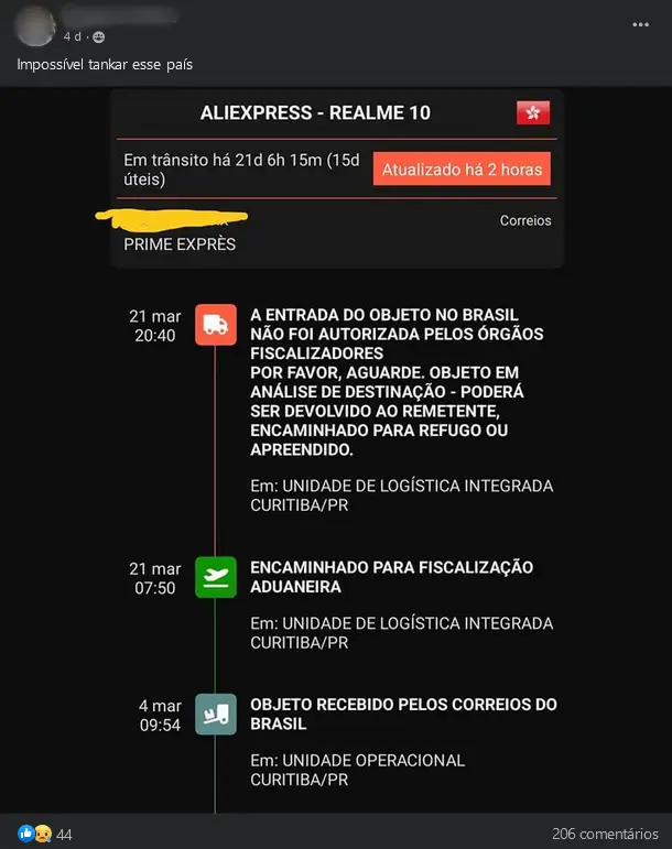 Screenshot 2 do Facebook (usuário compra celular importado e o mesmo é barrado de entrar no país)