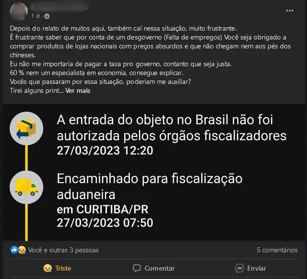 Screenshot 3 do Facebook (usuário compra celular importado e o mesmo é barrado de entrar no país)