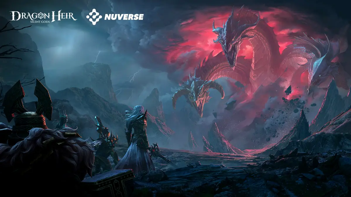Imagem feature do jogo Dragon Heir da Nuverse para artigo do site. Imagem mostra um dragão de 3 cabeças e um grupo de guerreiros prestes a enfrentá-lo. Um elfo, um paladino e um anão. 