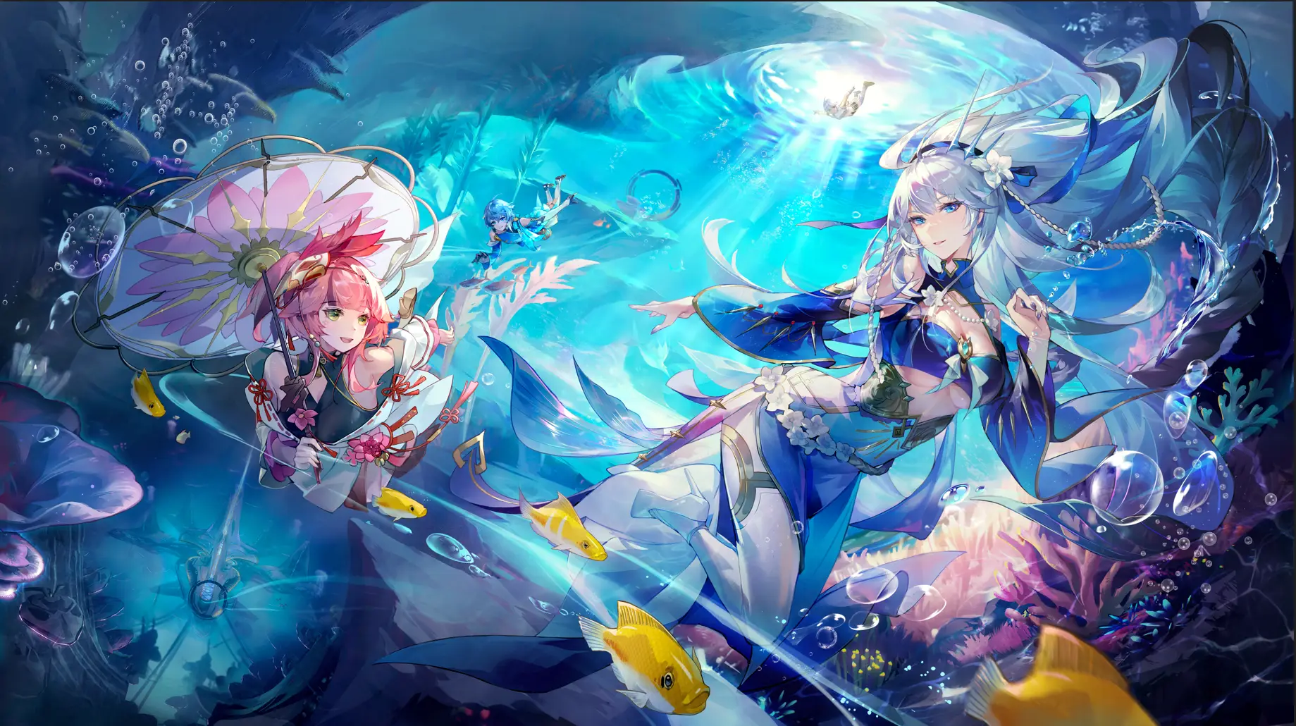 Tower of Fantasy imagem promocional com duas personagens femininas nadando debaixo dágua. 