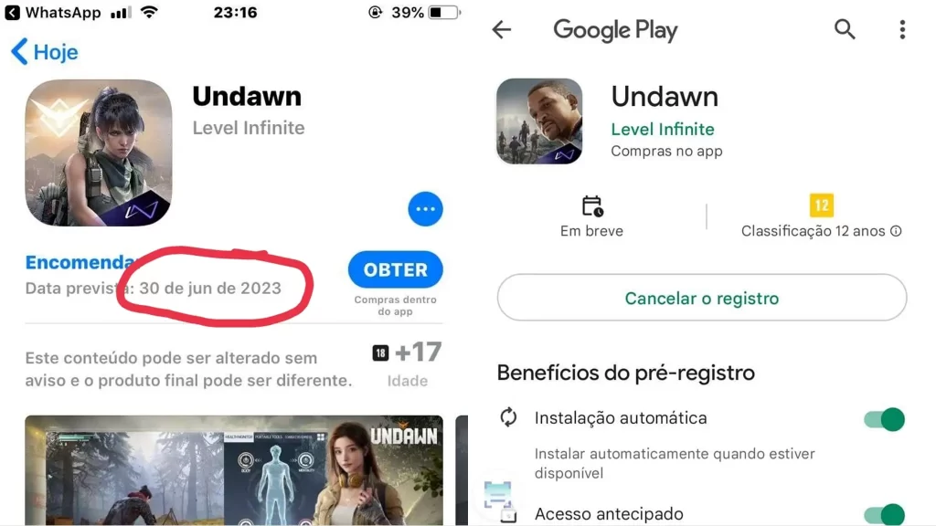Imagem mostra a página da App Store e Google Play do jogo Undawn. 