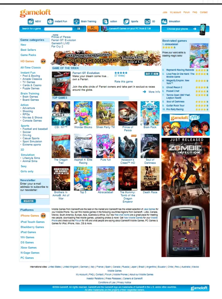 Site da Gameloft em 2000. 