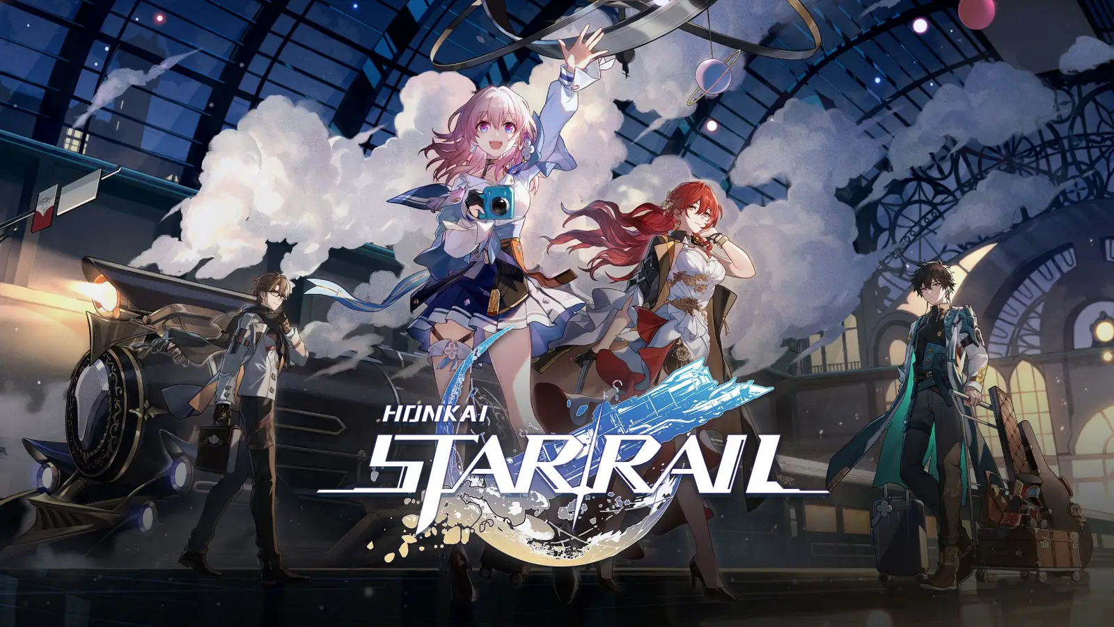 Imagen del juego Honkai Star Rail que muestra personajes en una estación de tren. Visual de anime. Son dos chicas en el frente y dos personajes masculinos en el fondo.