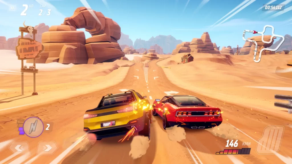 Imagem de Horizon Chase 2 mostra 2 carros em um deserto. 