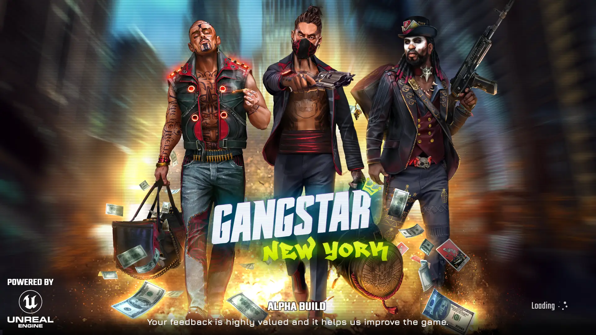 Pantalla de título de Gangstar New York, mostrando 3 personajes