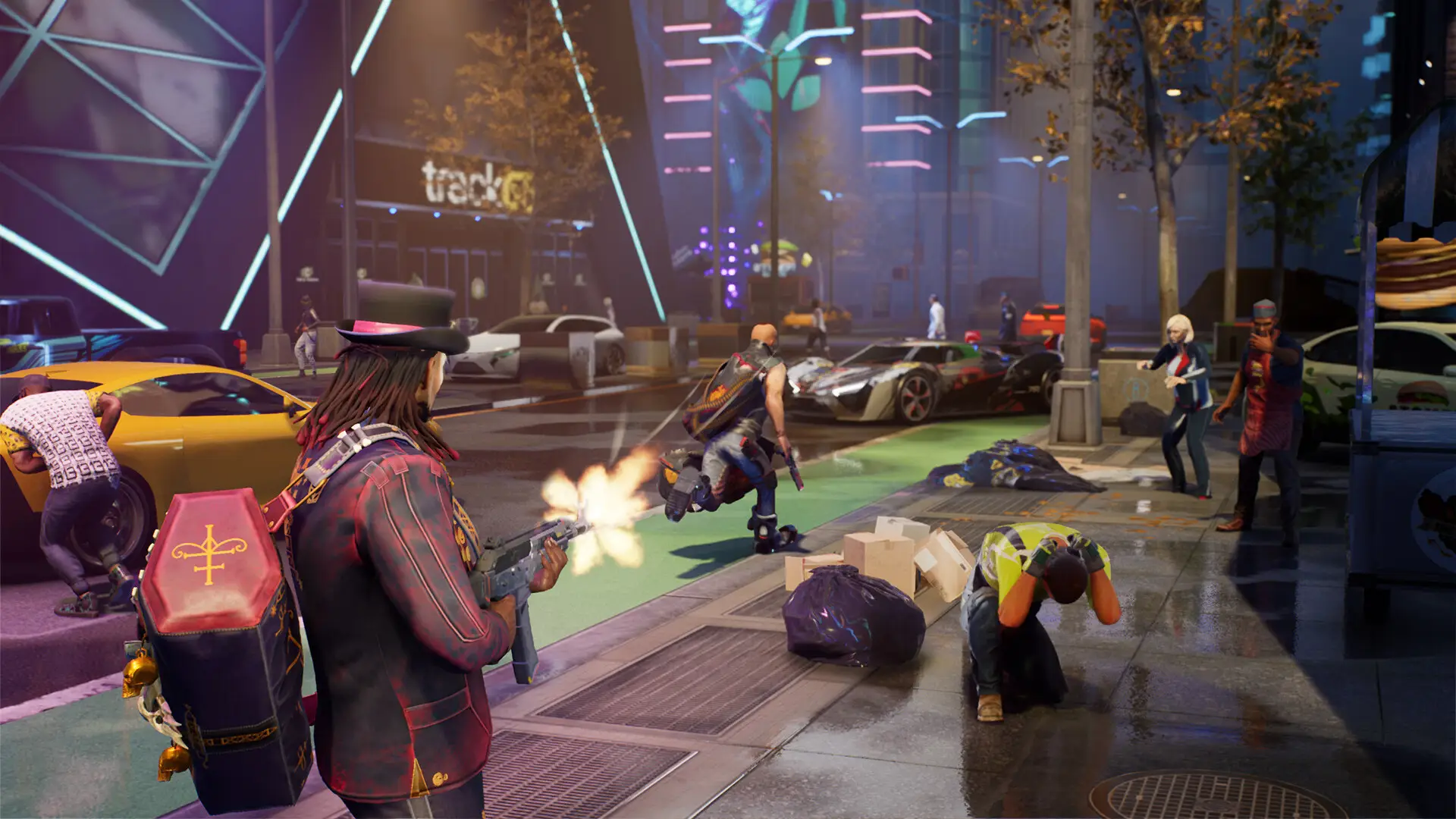 Imagem mostra personagem de videogame armado aturando contra outros personagens armados, em uma rua movimentada. 