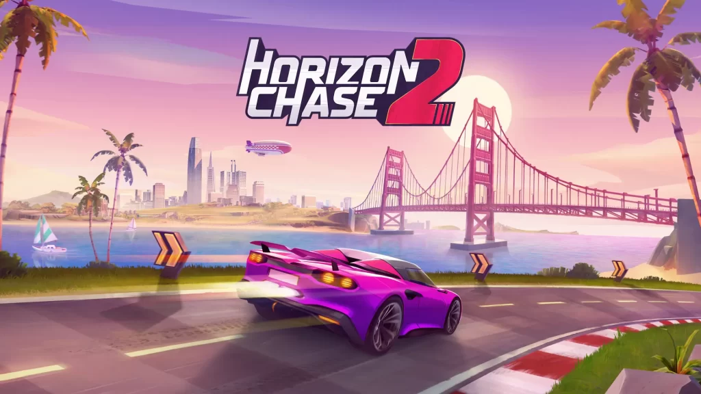 Imagem título de Horizon Chase 2 mostra carro de cor púrpura em uma rodovia a beira mar. 