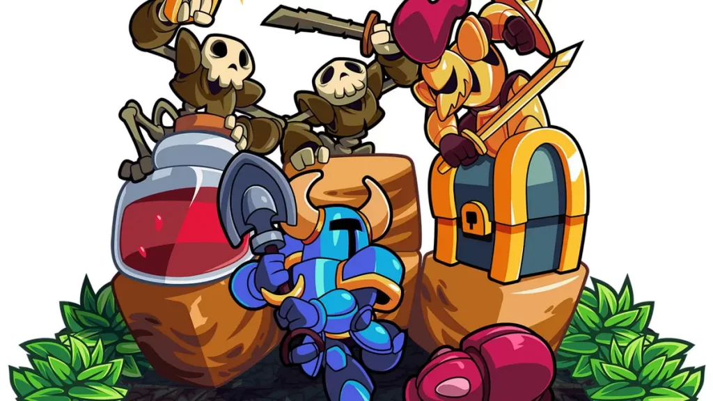 Imagem mostra personagens do jogo Shovel Knight Pocket Dungeon; Dois guerreiros esqueleto, um cavaleiro azul com uma pá e um cavaleiro dourado em cima de um baú de tesouro. 