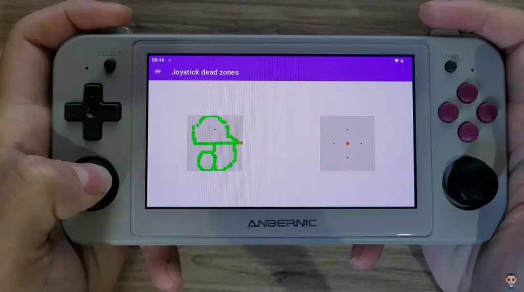 Imagem mostra teste dos analógicos do console portátil RG505. No teste é possível ver que os analógicos não são tão precisos. 