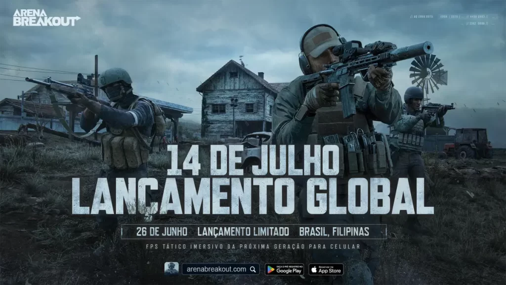 Imagem mostra dois soldados segurando armas e uma casa ao fundo. Contém o texto 14 de julho, lançamento global, arena breakout. 