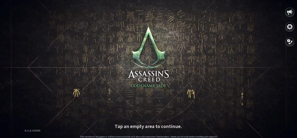 Imagem mostra a tela título do jogo Assasin's Creed Codename Jade com as palavras: "Assasin's Creed Codename Jade, tap an empty area to continue".