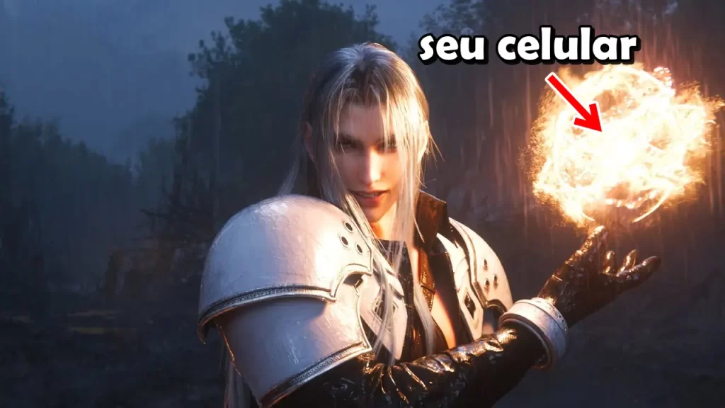 Imagem mostra personagem Sephiroth, cabelo comprido prateado e armadura. Ele segura uma bola de foco com as palavras "seu celular" e uma seta. 