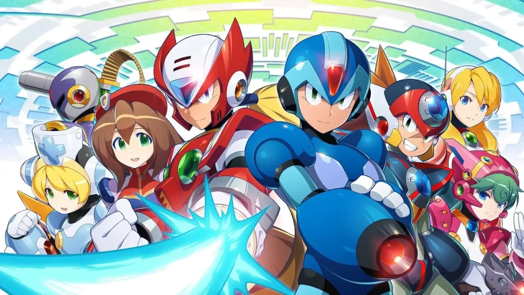 Imagem mostra 9 personagens da franquia Mega Man incluindo X, Zero, Rose, Alia, Vile, Marino, Cinnamon e Axl. 