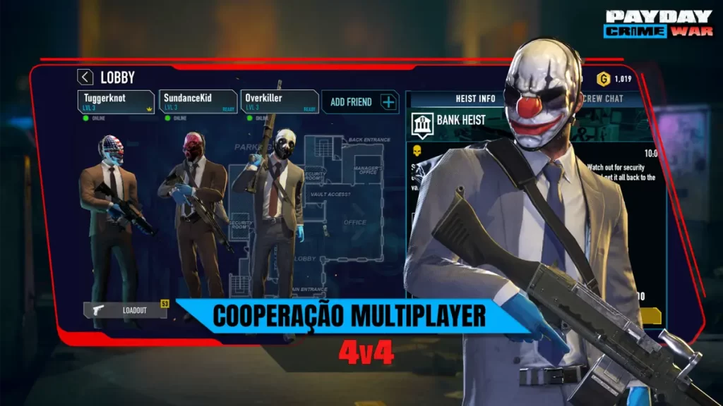 Imagem mostra o personagem masculino usando uma máscara de palhaço, terno e gravata. O personagem está segurando uma arma e é mostrado também as palavras: "cooperação Multiplayer 4x4.