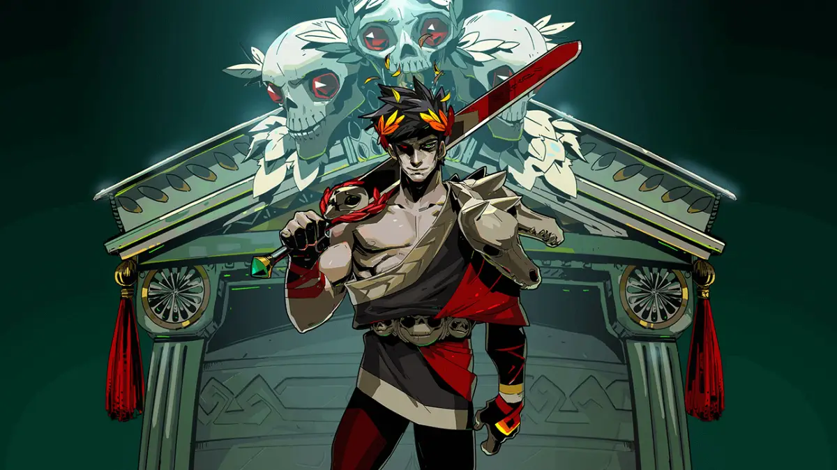 Personagem principal do jogo Hades segurando uma espada e olhando para a câmera. Ele carrega uma espada vermelha. 