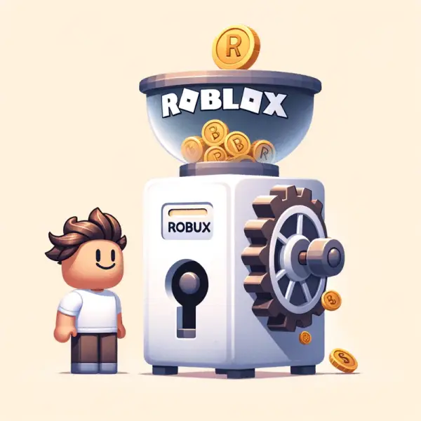 Imagem mostra um personagem de Roblox, com uma camiseta branca ao lado de uma máquina geradora de Robux, moeda virtual do Roblox. 