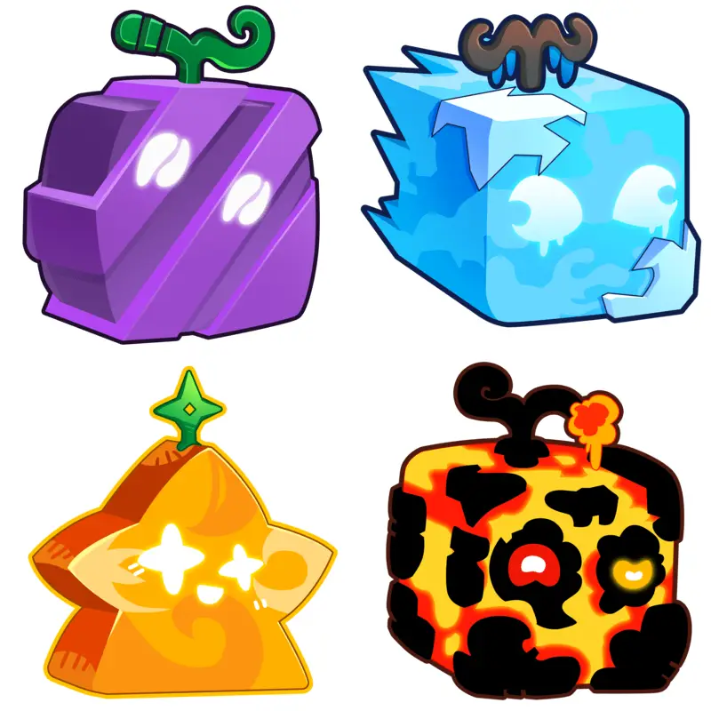 Imagem mostra quatro frutas do jogo blox fruits: Chop, Ice, Light e Magma. 