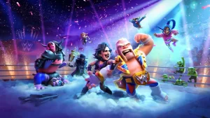 Ilustração promocional do crossover de Clash of Clans com a WWE, mostrando personagens em um ringue com trajes de luta livre e efeitos de luzes e fogos.