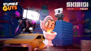 Cena promocional de Stumble Guys em colaboração com Skibidi Toilet, mostrando um personagem saindo de um vaso sanitário estilizado e outros com telas de TV na cabeça, em um cenário urbano noturno.