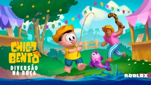 Imagem mostra personagens na fazenda, no centro está o Chico Bento, personagem caipira da Turma da Mônica. Também contem uma árvore ao fundo e outro personagem do Roblox segurando um rabo de onça.