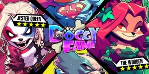 Arte promocional de Doggy Fame mostrando versões caninas de heróis e vilões, como Jester Queen, The Wooden e um ‘Super-dog’.