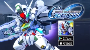 Arte promocional de Gundam G Generation, mostrando um robô Gundam pronto para o ataque. Contém também botões de download na Google Play e App Store.