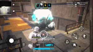 Personagem robótico atirando com lançador de granadas e conseguindo um headshot em uma partida de SWAG Multiplayer Shooter 5v5