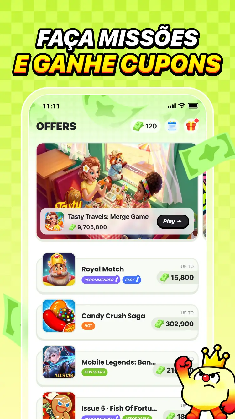 Offers do PinJoy com Royal Match, Candy Crush Saga e Mobile Legends