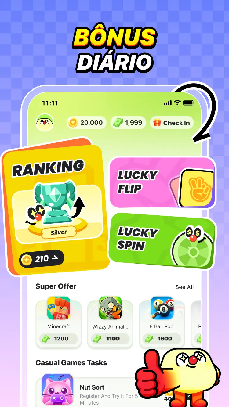 Daily Rewards, Ranking, Lucky Flip e Lucky Spin no PinJoy